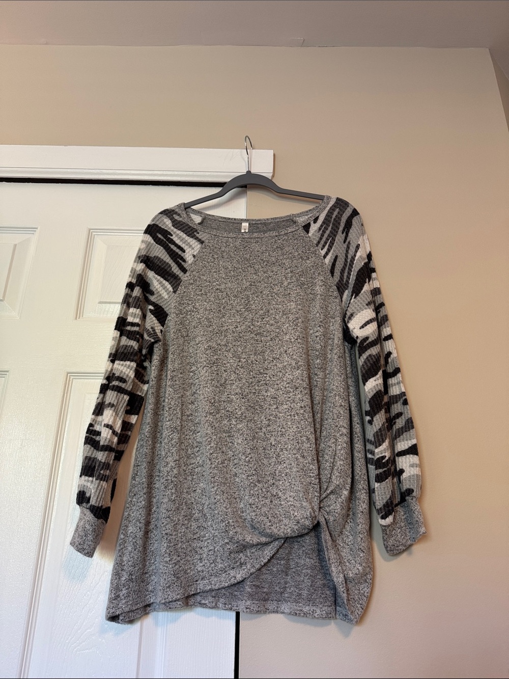 Emerald Gray Knit Top with Black & White Camouflage Sleeves